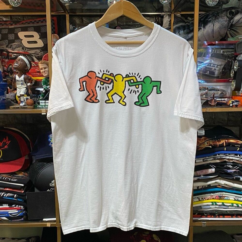 Keith Haring Dancing Figures Graphic T-Shirt Mens Large White Modern Pop Art